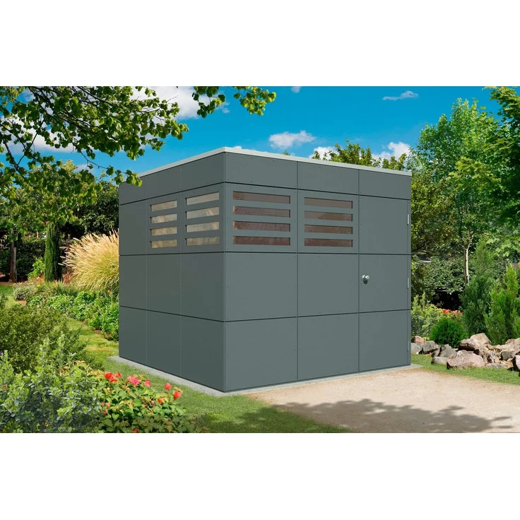 Skanholz Gartenhaus CrossCube Brisbane 3, 253x253 cm, grau-naturbelassen, Holzständerbauweise, Flachdach, 4 Feststehende Fenster, Einflügeltür, 5 Jahre Herstellergarantie