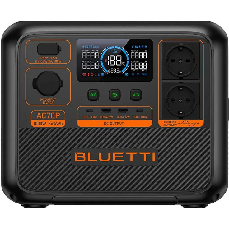 Bluetti AC70P, Power Station mit 864 Wh, tragbar und umweltfreundlich, 10.70 kg