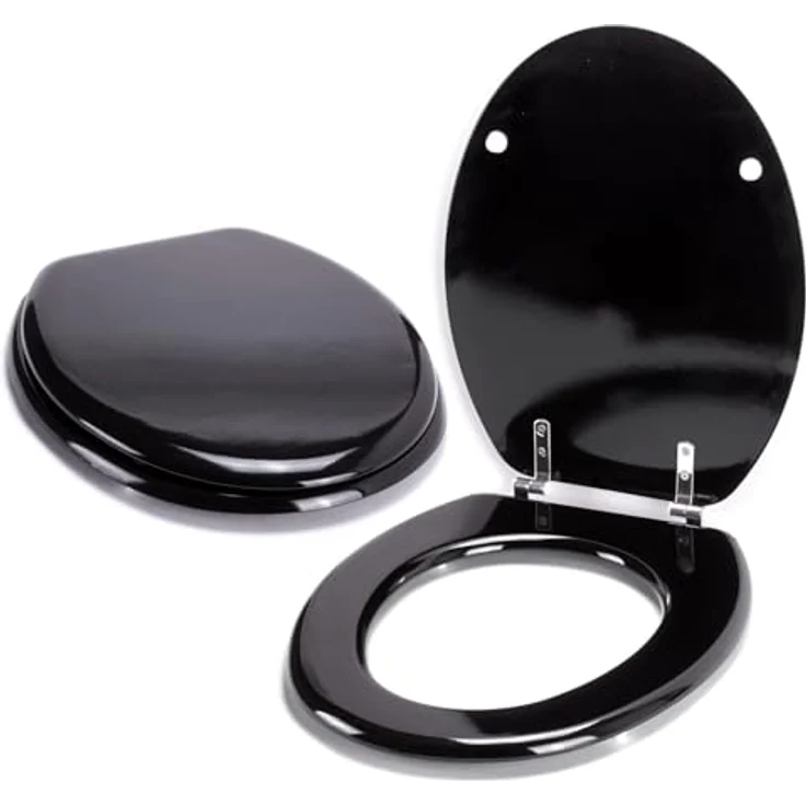 MSV WC-Sitz Cleo, MDF mit 45 cm x 37 cm x 5,6 cm, Schwarz Glänzend, feuchtigkeitsresistent und rostfreie Scharniere – Bild 2