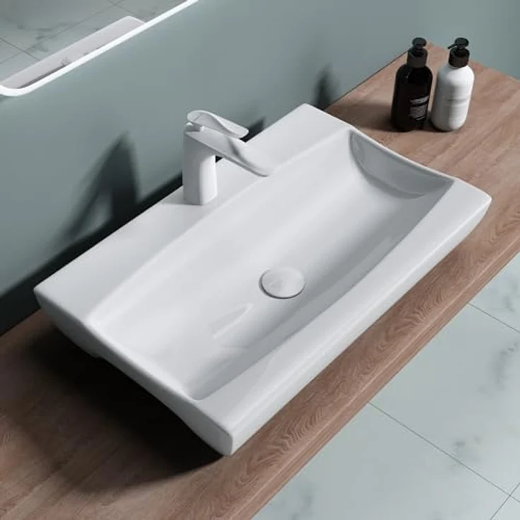 doporro Aufsatzwaschbecken Brüssel890 Keramik weiß Abperl-Effekt, Eckiges Design mit DIN-Anschlüssen – Bild 2