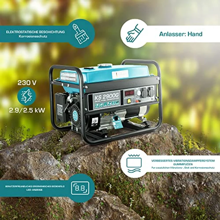 Könner & Söhnen KS 2900G, 2900 W DUAL FUEL Gas- und Benzin-Generator mit Druckminderer und 1,5 m Gasflaschen-Anschlussleitung – Bild 5