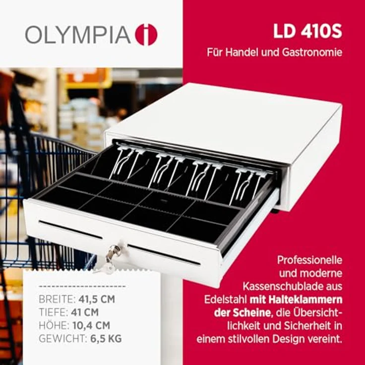 Olympia LD 410S Kassenschublade, abschließbare Geldkassette mit Einwurfschlitz, RJ12-kompatibel, 8 Münzfächer & 4 Scheinfächer, Metallgeldbox für Handel & Gastronomie, 41,5x41x10,4 cm – Bild 2