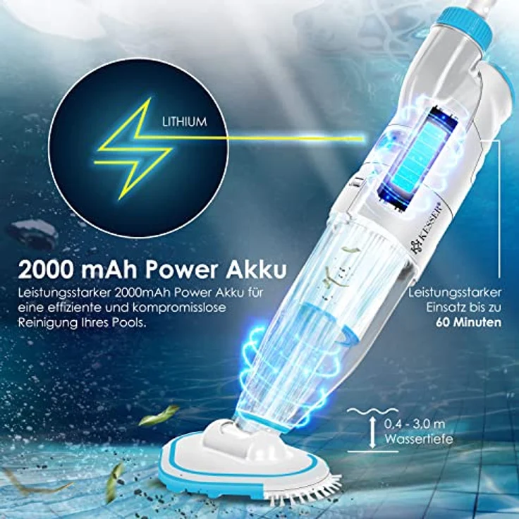 KESSER Poolsauger mit Akku | elektrisch Pool Bodensauger inkl. Filter & 2-Geschwindigkeits-System | kabelloser Reiniger mit HEPA-Filter, Schwarz – Bild 3