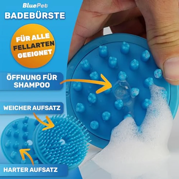 BluePet Befüllbare Badebürste für Hundeshampoo, inkl. 2 Aufsätze (weich + fest) für alle Rassen, sanftes Einmassieren & effektive Fellpflege – Bild 5