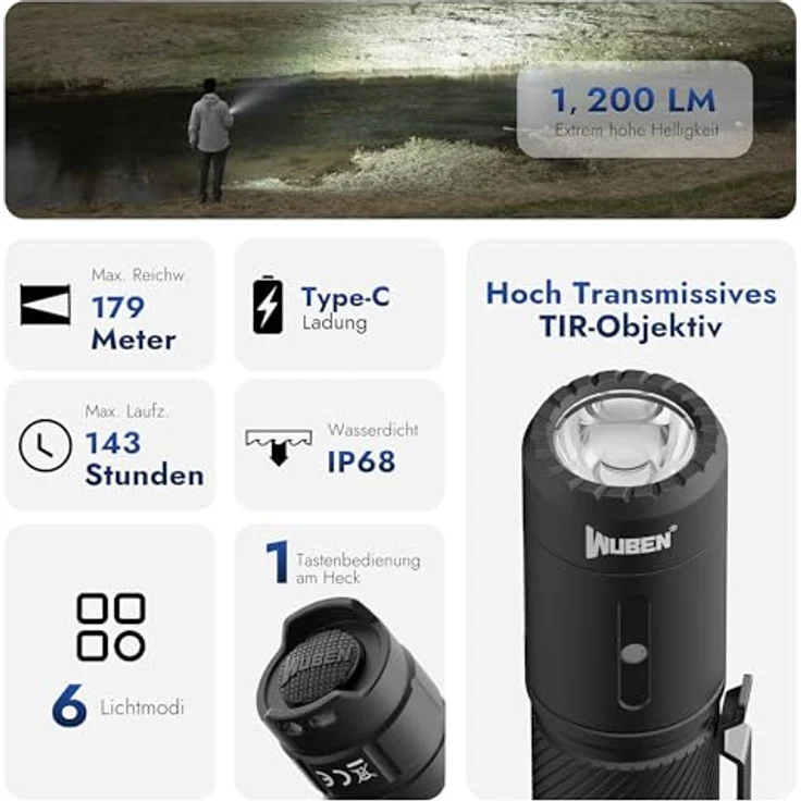 WUBEN C3 LED Taschenlampe, aufladbar, 1200 Lumen, IP68 wasserdicht, 6 Beleuchtungsmodi, kompakt und tragbar – Bild 2
