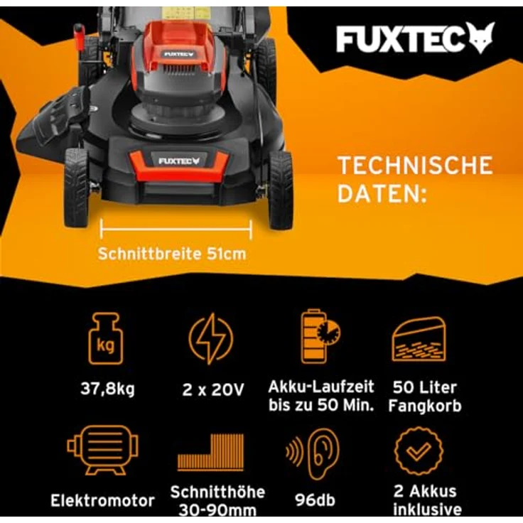 FUXTEC FX-E2RM51 40V Akku Rasenmäher, 51 cm Schnittbreite, 50L Fangkorb, 4-in-1 Funktion, mit 2x 20V Akku und Frontbumper – Bild 3
