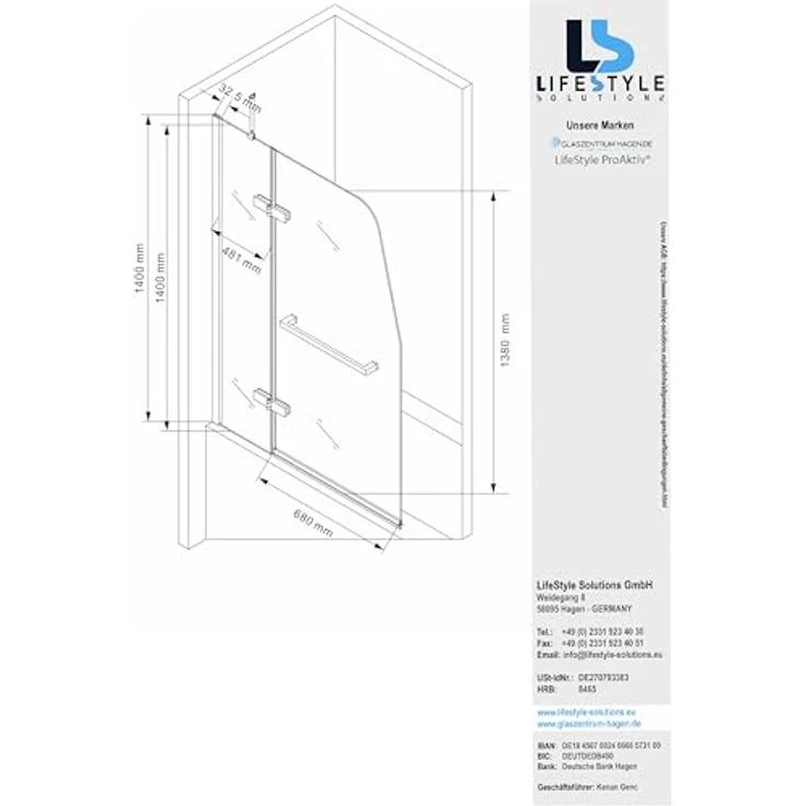 Glaszentrum Hagen Badewannenaufsatz - Duschtrennwand aus Echt-Glas, 120x140cm, pflegeleicht - Badewanne – Bild 2