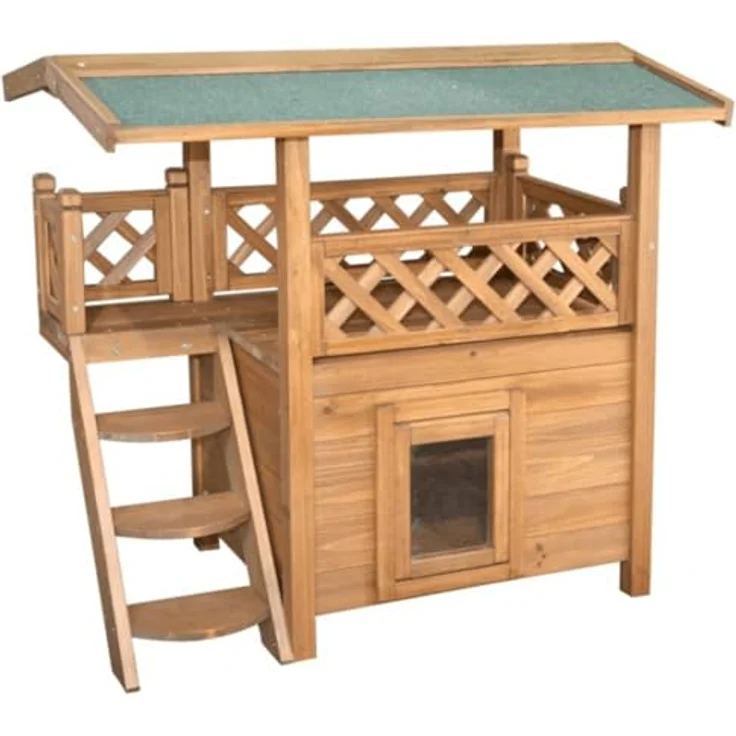 Kerbl Katzenhaus Lodge, 2-stöckig mit wetterfestem Bitumendach und Schwingtüre, 77 cm x 50 cm x 73 cm, lasierte Spießtanne – Bild 1