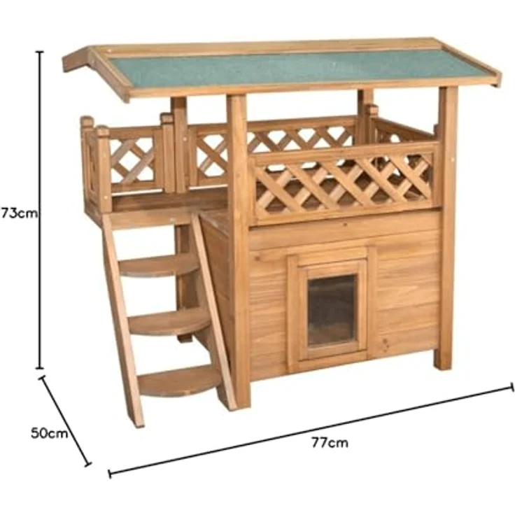 Kerbl Katzenhaus Lodge, 2-stöckig mit wetterfestem Bitumendach und Schwingtüre, 77 cm x 50 cm x 73 cm, lasierte Spießtanne – Bild 10