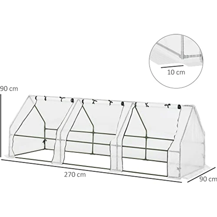 Outsunny Mini Gewächshaus Foliengewächshaus mit 3 Rollfenster, Wetterbeständige Frühbeet für Garten, Balkon, PE Folie, Stahl, Weiß, 270 x 90 x 90 cm – Bild 5