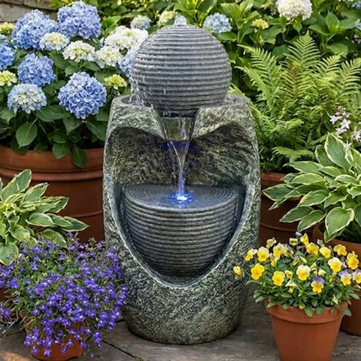 Köhko Gartenbrunnen „Steinquell Aura“, moderner Zierbrunnen mit LED und Natursteinoptik, 76 cm hoch – Bild 2