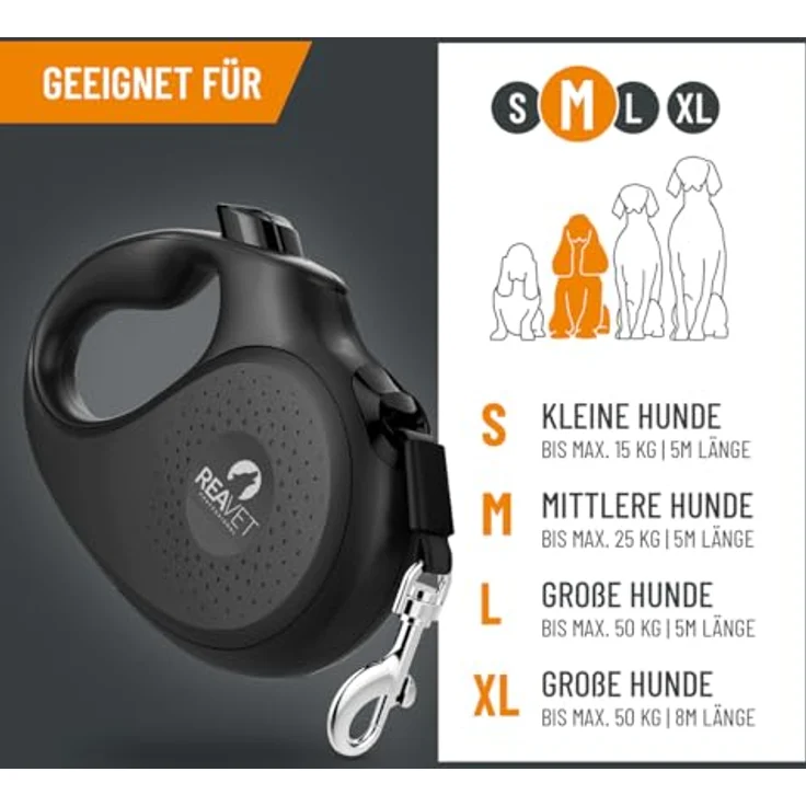 ReaVET Rollleine Hundeleine ausziehbar 5m für mittelgroße Hunde (M) I Ergonomischer & Rutschfester Griff I Hundeleine Einziehbar, Robuste Ausziehleine mit Brems-Stopp-System I Leine Hund bis 25kg – Bild 2