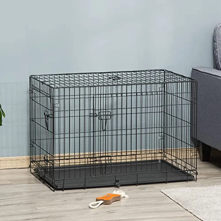 PawHut Hundekäfig Transportkäfig Drahtkäfig Hundebox Transportbox Reisebox Schwarz 91x61x67 cm mit herausnehmbarer Bodenwanne und optimaler Luftzirkulation – Bild 2