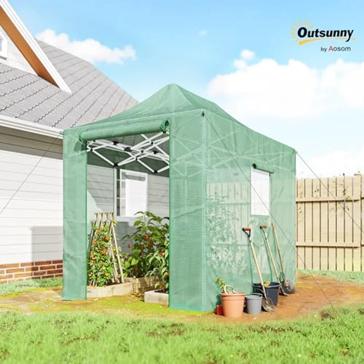Outsunny Faltbares Gewächshaus 300x270x200 cm, PE Foliengewächshaus mit Satteldach, aufrollbaren Reißverschlusstüren und -fenstern, stabiles Pflanztunnel in Grün – Bild 2