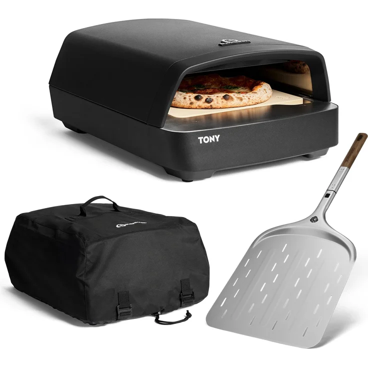 BURNHARD Gas-Pizzaofen TONY, 450 °C, 5,9 kW, Cordierit-Pizzastein 33 cm, inkl. Pizzaschieber & Abdeckhaube, Edelstahl-Ummantelung – Bild 1
