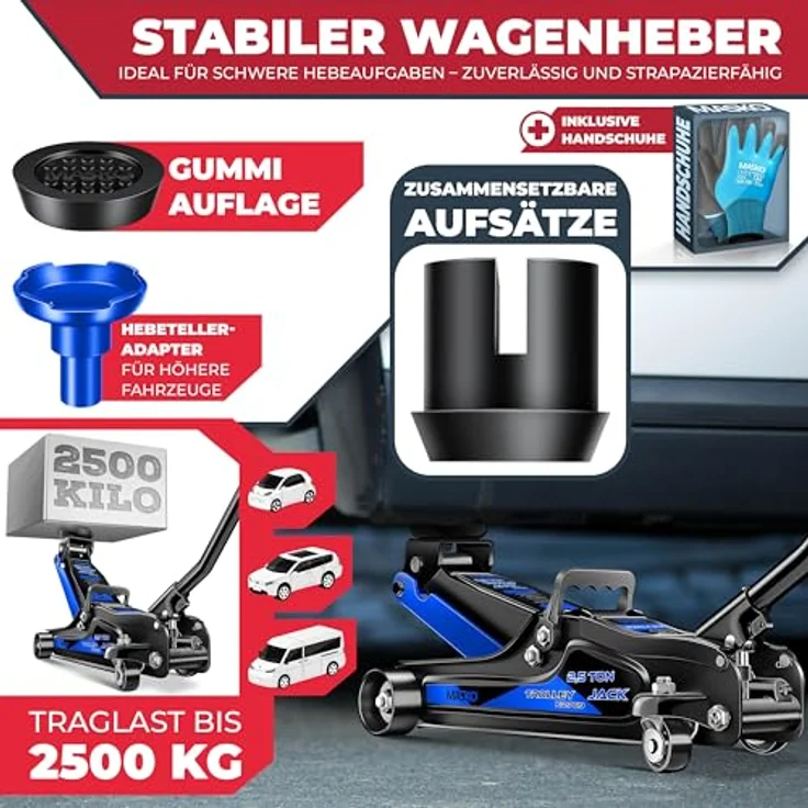 Masko Wagenheber hydraulisch Flache Hubhöhe + 2x Gummiauflage + Handschuhe KFZ Rangierwagenheber hydraulischer 360° Rollen Heber Unterstellbock, 2,5 Tonnen, Schwarz – Bild 3