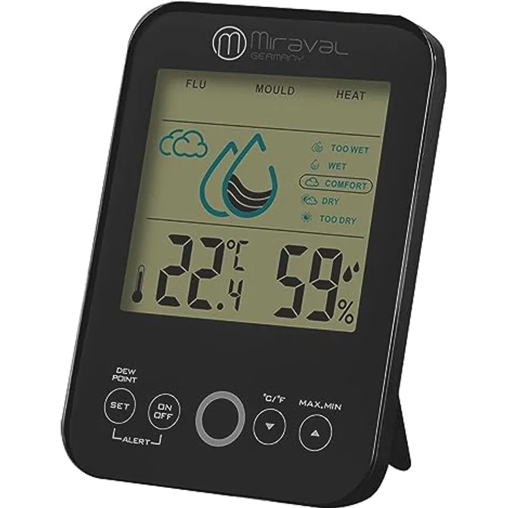Miraval Raumklimastation, Schimmelwarner mit 5 Stufen Lüftungsempfehlung, Hygrometer und Temperaturanzeige, schwarz