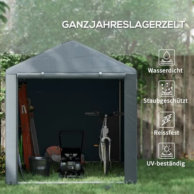 Outsunny Garagenzelt, 1,6 x 2,18 x 1,72 m Lagerzelt mit UV-Schutz, Reißverschlusstür, Wasserabweisend Foliengarage für Gartengeräte, Motorrad, Dunkelgrau – Bild 4