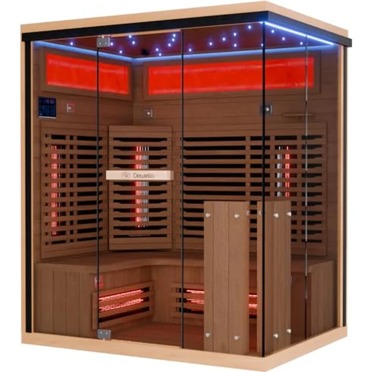 Dewello Sauna KENORA 160 Wärmekabine, 2-3 Personen, 6 Vollspektrumstrahler, (LED-Farblichttherapie inkl. Ionisator mit Ozondesinfektion und Aromatherapie, inkl. Ionisator mit Ozondesinfektion und Aromatherapie, Bluetooth & FM) – Bild 3