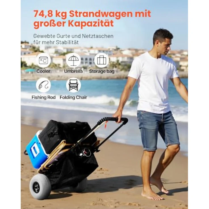 VEVOR Strandwagen Bollerwagen, faltbar mit 75 kg Tragfähigkeit, 13 Zoll Ballonräder, 14 x 14,7 Zoll Ladefläche, verstellbarer Griff, inkl. Handpumpe, für Strand und Camping – Bild 2