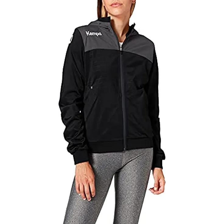 Kempa Emotion 2.0 Kapuzenjacke für Damen, schwarz, mit Reißverschlusstaschen und Rippstrick-Kapuze, Größe XL
