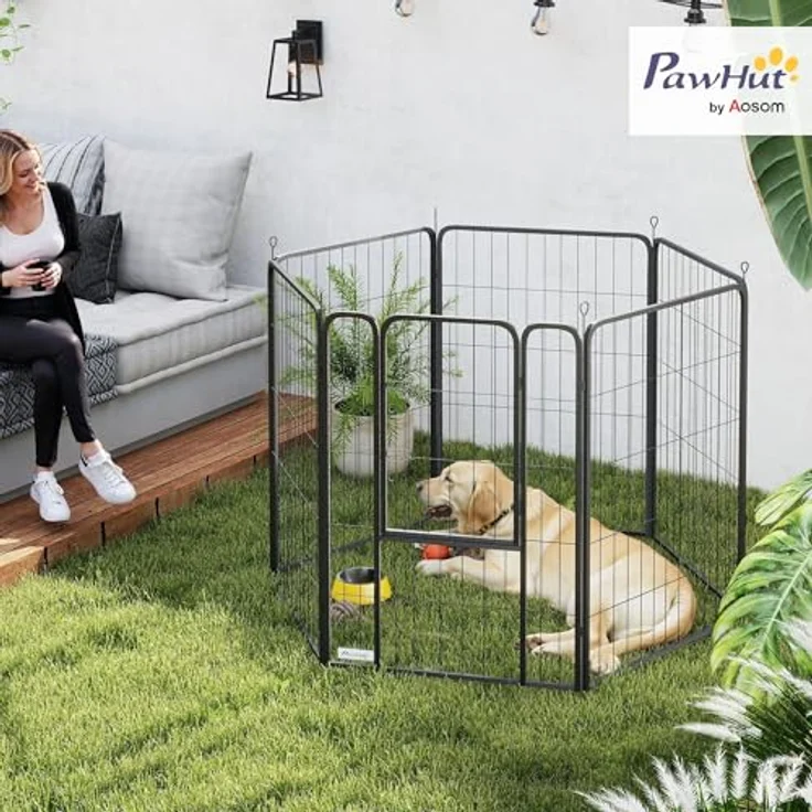 PawHut Welpenlaufstall 6-eckig, faltbares Freilaufgehege mit 6 Gitterplatten und Tür, 100 cm hoch, für Hunde und Katzen, drinnen und draußen – Bild 2