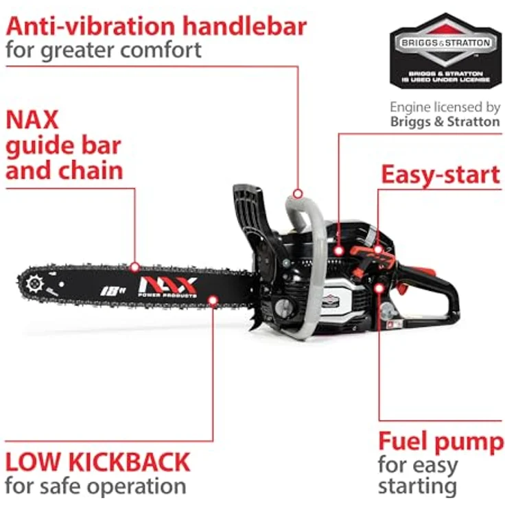 NAX POWER PRODUCTS 400C Motor 51,5 cm3 1,8kW Führungsschiene 18'' 45cm Anti-Rückschlag-System Low Kickback Briggs & Stratton Lizenzware Benzin-Säge Kettensäge, Schwarz – Bild 4