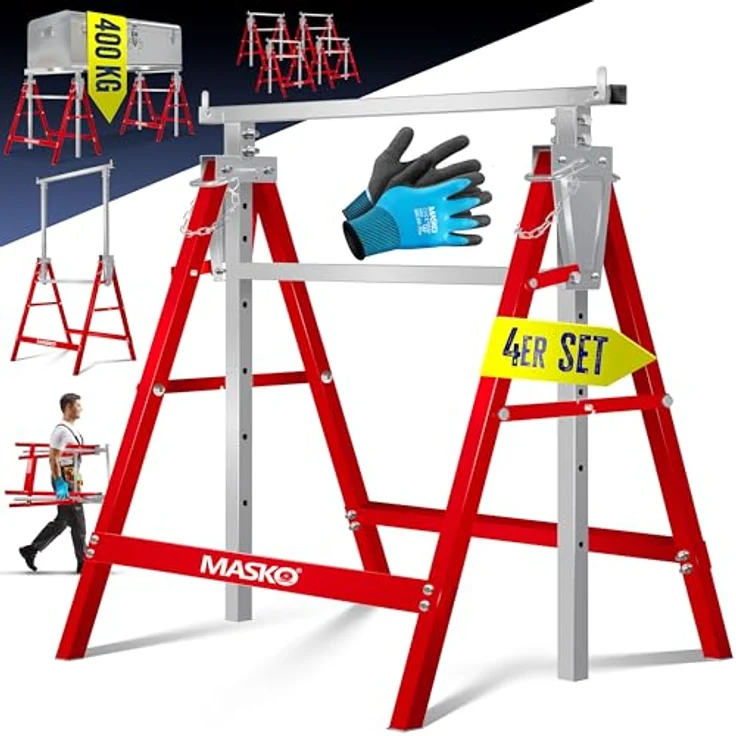 MASKO® Teleskop-Arbeitsbock 4-er Set, Höhenverstellbar 800-1300 mm, max. Belastbarkeit 200 kg, inkl. rutschfester Handschuhe, Rot – Bild 1