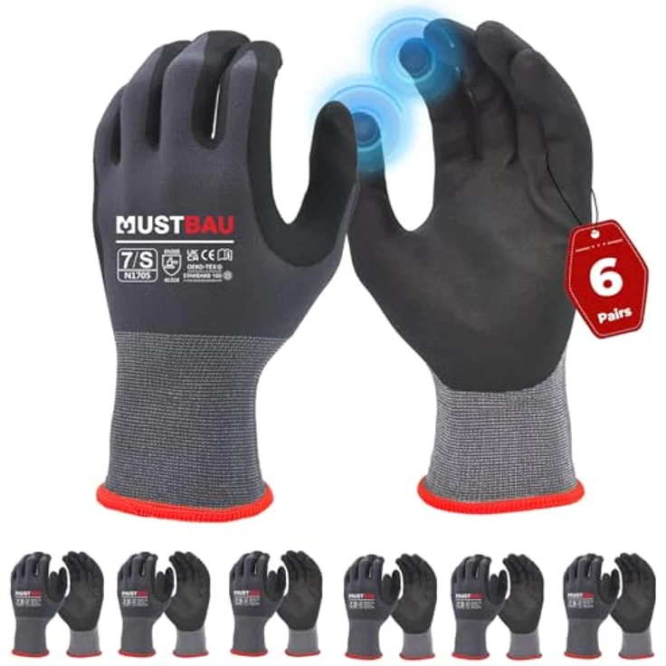 Mustbau Arbeitshandschuhe Schwarz mit Nitril Beschichtung, Touchscreen-fähig, Größe S, 6 Paare – Bild 1