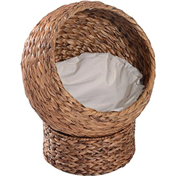 Pawhut Rattan Katzenkorb Katzenhöhle Katzenhütte Katzenbett mit Kissen Haustierbett Wasserhyazinthe Hellbraun 42 x 33 x 52 cm – Bild 1