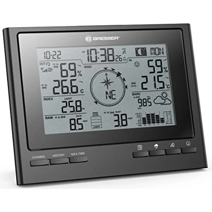 Bresser Funkwetterstation 7-in-1 ClimateScout, Wetterstation mit Aussensensor für Temperatur, Luftfeuchtigkeit, Wind- und Niederschlagsmessung, Schwarz – Bild 4