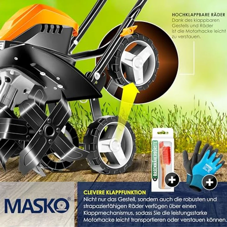 MASKO elektrische Motorhacke 1500 Watt, 40cm Arbeitsbreite 20cm Arbeitstiefe, klappbarer Handgriff, Metallgehäuse, Transporträder Orange - Preisvergleich – Bild 5