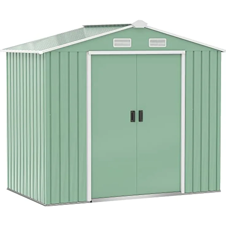 Outsunny Gerätehaus Geräteschuppen Gartenhaus Garten Schuppen mit Bodenrahmen und Schiebetüren wetterfest Stahl Hellgrün 213 x 130 x 185 cm
