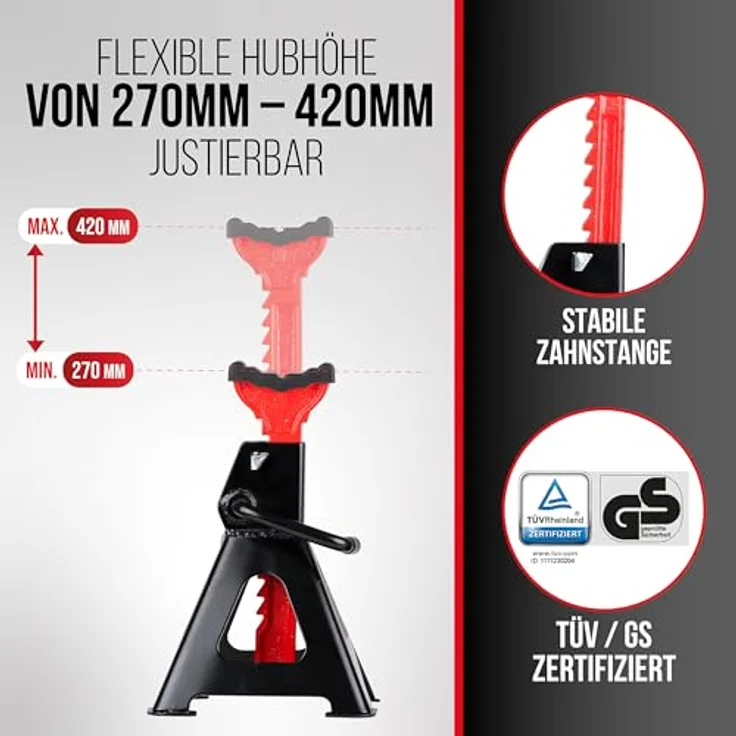 HEYNER® UltraSafe PRO Unterstellbock 2er Set, 10-fach höhenverstellbar, Hubhöhe 282-430 mm, Traglast 2t, mit Gummiauflage, schwarz-rot – Bild 2