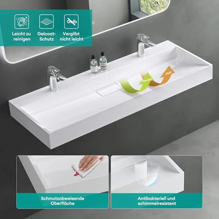 Mai & Mai Aufsatzwaschbecken Col19 Hängewaschtisch inkl. Ablaufgarnitur 2 Armaturenlöcher, Mineralguss, rechteckige Form, weiß – Bild 5