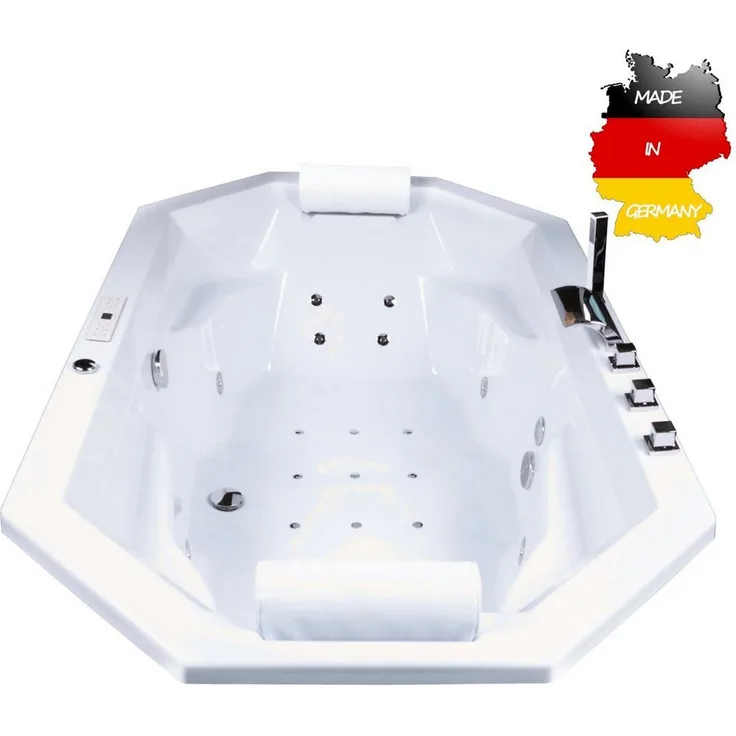 Basera® Whirlpool-Badewanne Bora Bora 200 x 115 cm, (Komplett-Set), mit 24 Massagedüsen, Wasserfall, LED, Touchpanel, Bluetooth und Radio, in Hochglanz Weiß