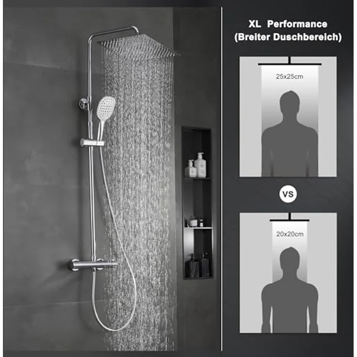 Görbach Regendusche Duschsystem mit Thermostat, Kopfbrause 25x25 cm, Edelstahl, 3 Strahlarten, Chrom – Bild 2