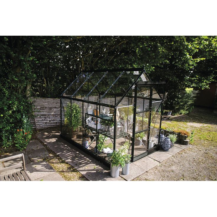 Halls Gewächshaus 'ICON 6', 192,5 x 254,7 cm mit 3 mm Sicherheitsglas, schwarz, Aluminium-Gestell, Seitenhöhe für komfortables Arbeiten, Dachfenster und optimierte Dachneigung
