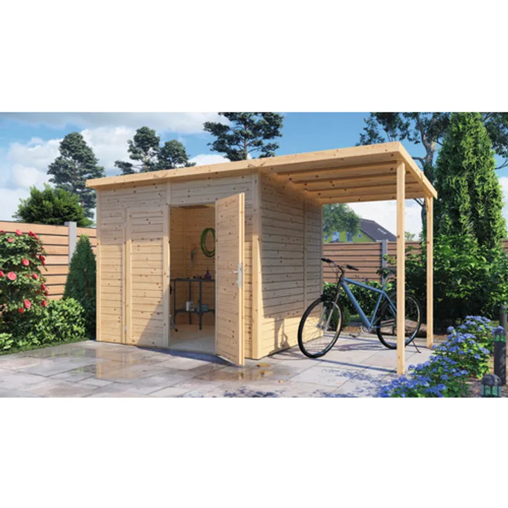 Bertilo Gerätehaus Timmo 4 Plus, mit Fußboden und Schleppdach, 400 × 200 cm, natur