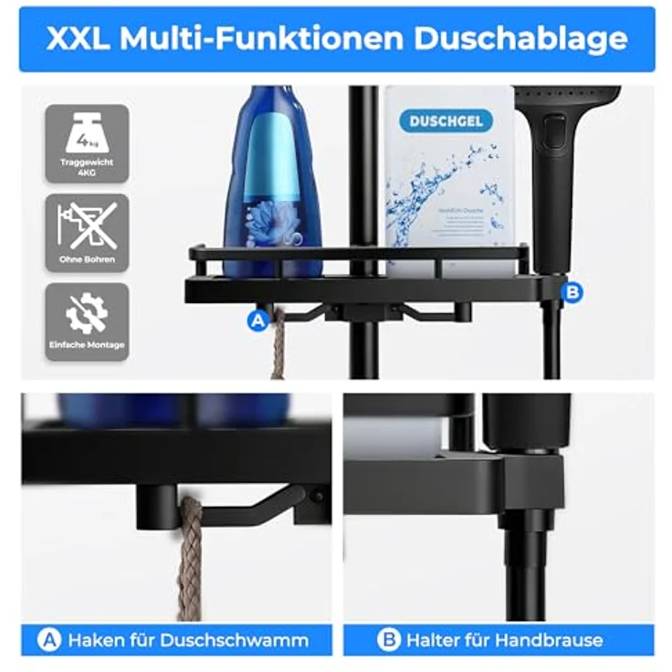 Görbach Duschset Edelstahl Duschstange mit Duschkopfhalterung 100cm, schwarz, rostbeständig, flexible Montage, höhenverstellbar – Bild 4