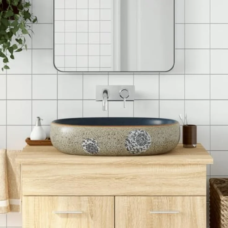 vidaXL Waschbecken Aufsatzwaschbecken Sandfarben Blau Oval 59x40x14 cm Keramik - Handgefertigtes Waschbecken mit exquisitem Muster – Bild 2