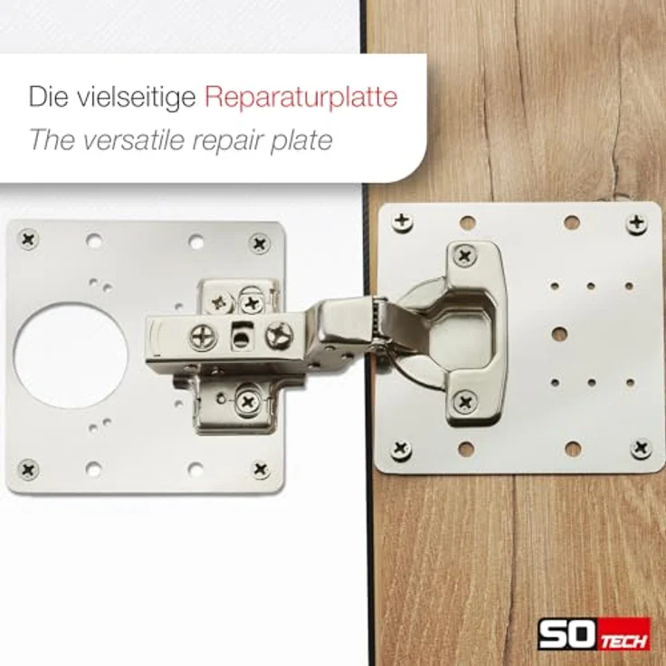 SOTECH 2 x Topfband Reparaturplatten Edelstahl 90 x 90 x 0,53 mm, Reparaturset für Topfbänder mit Ø35 mm, Schrankscharnier Topfscharnier, Edelstahl SS430 – Bild 2