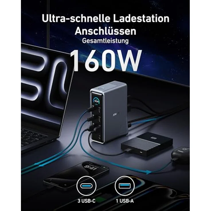 Anker Prime Dockingstation, 14-Port mit 160W Max. Leistung, 10Gbit/s, Dual 4K Displays, für Dell, MacBook - Schwarz – Bild 3