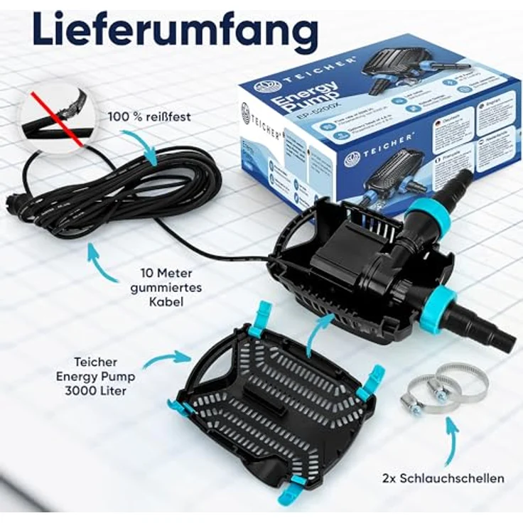 TEICHER Teicher Filterpumpe EP-3000X, energieeffiziente Teichpumpe 10W, 3000 l/h, IPX8, ideal für Gartenteich und Wasserfall – Bild 4