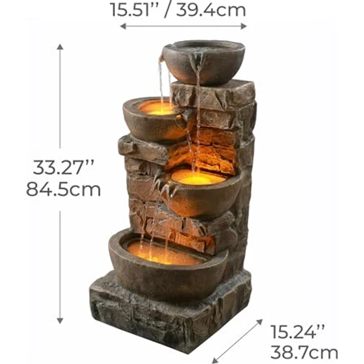 Teamson Home Wasserfallbrunnen "Cascading Bowls & Stacked Stones", Gartenbrunnen mit LED, Polyresin braun, H84 cm – Bild 5
