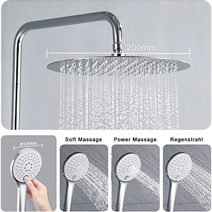 JOHO Edelstahl Duschset ohne Armatur, Chrom, Regendusche mit 3 Strahlarten, höhenverstellbare Duschsäule, anti-Kalk Düsen, 20 cm Kopfbrause – Bild 3