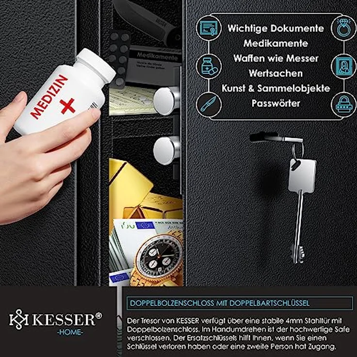 KESSER Möbeltresor mit Doppelbartschloss, Safe Tresor Geldschrank Boden-Wandtresor Wandsafe 50x35x31cm ink. 2 x Schlüssel & Befestigungsschraube Schwarz – Bild 3