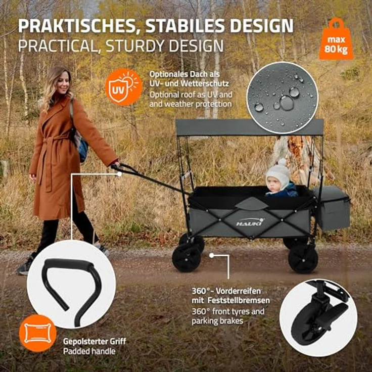 Hauki Bollerwagen L faltbar mit abnehmbarem Dach, grau, bis 80 kg Tragkraft, inkl. 2 Netztaschen und 1 Außentasche, Vorderrad-Bremse, für Kinder und Geräte – Bild 3