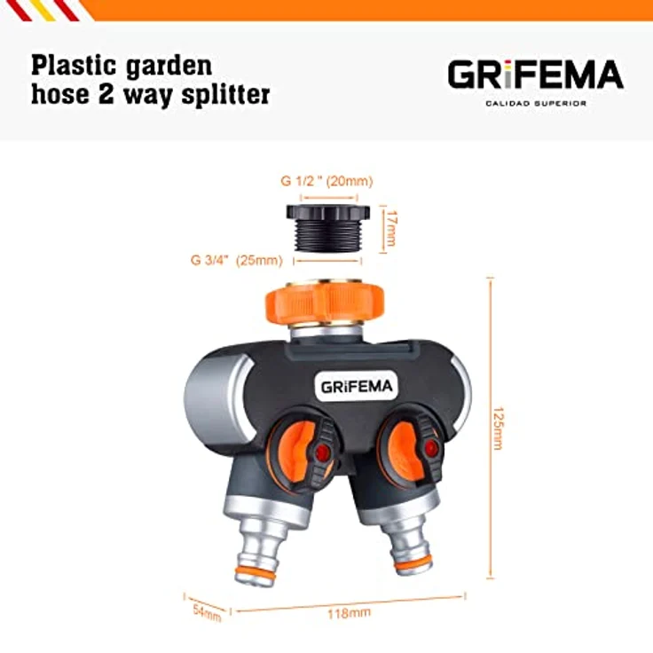 GRIFEMA 2-Wege-Verteiler, 3/4 Zoll und 1/2 Zoll Wasseranschluss Verteiler, 2 Geräte Können Gleichzeitig Verbunden Werden, Einstellbarer Wasserdurchfluss – Bild 2