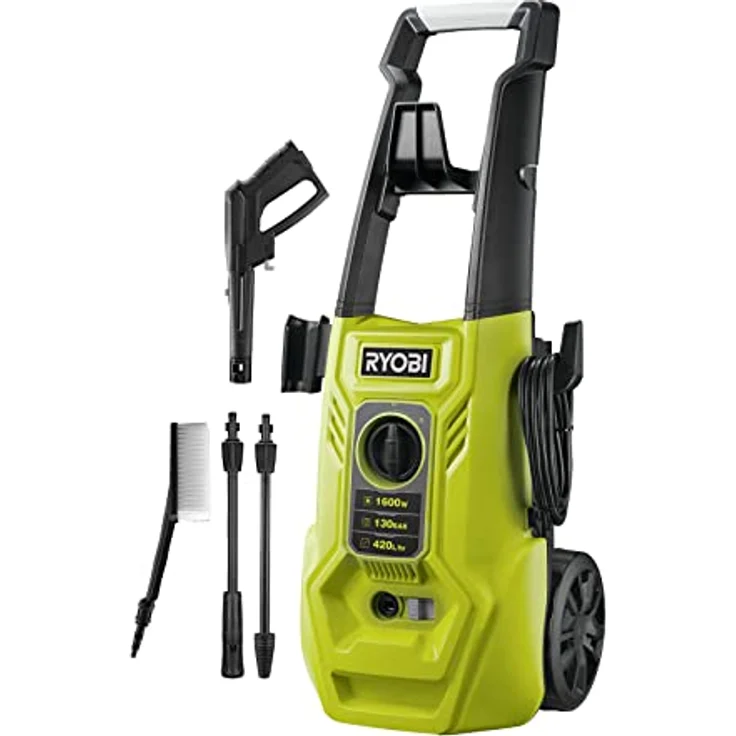 RYOBI 1600 W Elektro-Hochdruckreiniger RY130PWA, 130 bar Druck, 420 l/h Födermenge, 40° Wassertemperatur, Aluminiumpumpe, 5m stahlarmierter Schlauch, 5m Kabel, Vario- und Turbo-Lanze, Universalbürste – Bild 1